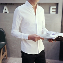 Spring new white shirt men long sleeve slim thin Korean casual trend men handsome linen stand collar shirt