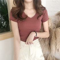Ice silk short sleeve t-shirt women Summer 2020 new Korean knitted base shirt female slim Joker V-neck coat women