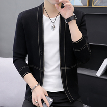 Striped Knitted Cardigan Sweater Jacket Mens Spring and Autumn Thin Korean Slim Fashion Fashion Mens Top Wear