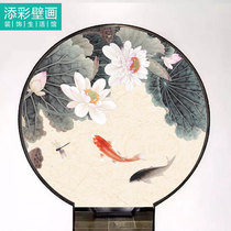 Round Lotus background wallpaper custom wallpaper Chinese Zen Lotus fish pattern Wall cloth restaurant box mural