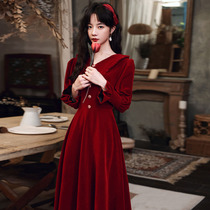 Toasting Bride 2021 New Autumn and Winter Long Sleeve Wine Wedding Dress Long Velvet Engagement Dress