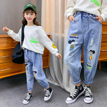 Girls jeans autumn new spring and autumn childrens foreign style father loose hole denim long pants