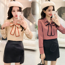 Early spring chiffon shirt womens long-sleeved 2021 spring new loose warm bow shirt retro red top