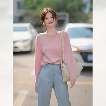 Micaixuan high-end super good-looking pink round neck sweater womens 2022 early autumn new European fashion trend