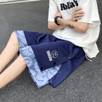 Retro Embroidery Drawing Rope Basketball Pants Fake Two Over Kneecap 60% Shorts Male Summer Double Row Buttoned Klein Blue Pants