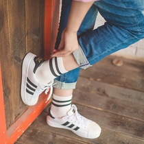 Korean two-bar socks female Harajuku pure cotton 2 stripes medium tube womens socks summer thin sports college wind skateboard socks