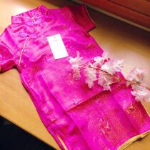 Childrens short-sleeved silk cheongsam Spring and Autumn Rose Red