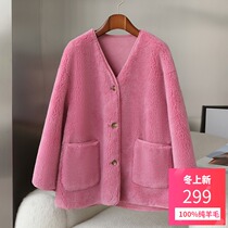 2021 new cashmere cardigan wool fur coat womens short vneck lamb fur coat