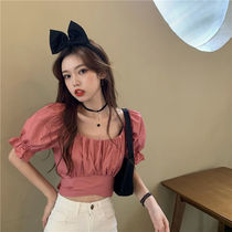 2021 Summer New paragraph Han version collection waist design Sensation Bubble Cuff back hollowed-out strap Dew Navel Short Sleeve Shirt Blouse