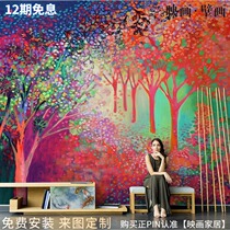 Nordic Hand Painted Abstract Forest Five Colorful Woods Living Room TV Background Wall Paper Seamless Sofa Wallpaper Mural Wall Cloth