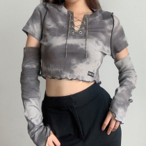 H Jiagang flavor niche tie-dyed gray cross chain design round neck T-shirt top female detachable two wear hollow long sleeves