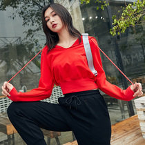 Red short sweater female jazz dance 2020 autumn and winter New plus velvet thick long sleeve Korean loose high waist top