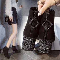 Shoes women 2019 new women shoes sequins thick heel suede short boots thin Martin boots women winter stretch thin boots
