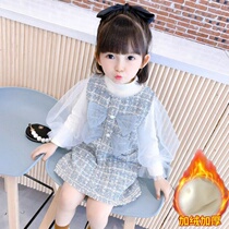 Girls autumn and winter dress thickened 2020 new net red suit female baby bubble sleeve short skirt two sets