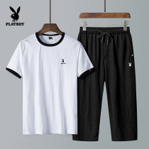 Playboy summer sports suit mens casual brand summer ice silk sportswear suit mens short-sleeved three-point pants