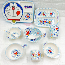 Doraemon childrens tableware grid plate Baby plate Bowl spoon set Fall-proof infant food melamine tableware