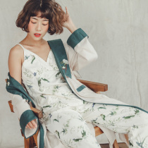 Pajamas nightgown ladies cotton autumn and winter spring and autumn long suspenders sexy home wear three-piece embroidery