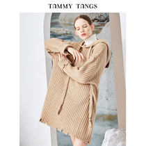 Sugar force winter new European and American womens clothing apricot medium long loose pullover hooded sweater sweater top