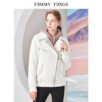 Sugar force winter clothing new European and American womens white temperament large lapel belt decoration loose warm short coat