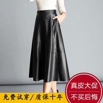 2021 spring new Haining leather long dress female Korean version thin A-line skirt high waist umbrella skirt medium-length skirt