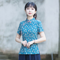 Junya Tang Dress Lady China Wind 2022 Summer Lady Short Sleeve Blouses Cotton Linen Thin style Chinese pan button womens clothing