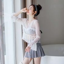 Swimsuit womens 2020 new split three-piece set conservative student small chest plaid Korea cover belly thin hot spring