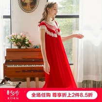 Court Princess night dress Female sleeveless long dress Modal mesh long pajamas Lace dress Year of life red