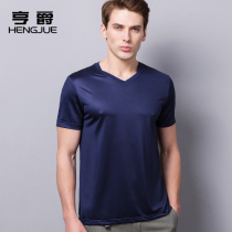 Mulberry Silk Short Sleeve T-shirt Men V Collar Genuine Silk Pure Color Compassionate Middle-aged Half Sleeve Ice Silk Blouse Summer Thin mens clothing