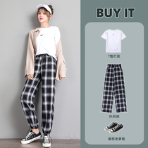 Checkered Broadlegged Pants Woman Summer Thin high waist display slim straight tube Pants Loose small Casual Hallen Light Cage Pants