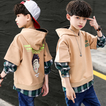 Boy pullover sweater spring and autumn 2021 new Korean version of the childrens Western style hooded top middle and large childrens thin section base shirt