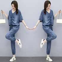 Fashion Suit Pants Womens Summer 2022 New Womens Dress Foreign Air Casual Tiansilk Jeans Two Sets Of Bungling Pants Suit