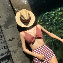 Special womens 9912 Korean vintage plaid bikini gathered split swimsuit ins high waist belly cover swimsuit hot spring