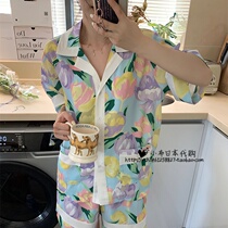 Japanese Gelato Flowers Ice Silk Sleepwear Womens Summer Printed Short Sleeve Shorts Home Suit Suit Can Be Worn Out