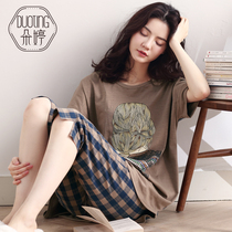 Duoting pajamas women Summer cotton short sleeve Capri pants home clothing long plaid thin cotton home suit