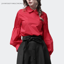 European station spring fashion shirt top womens pullover lantern sleeve red bottoming shirt cotton shirt European style