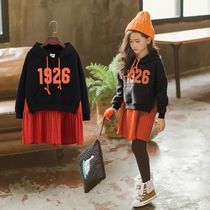 Girls sweater autumn and winter fake two pieces plus velvet new childrens clothing stitching Princess pleated skirt