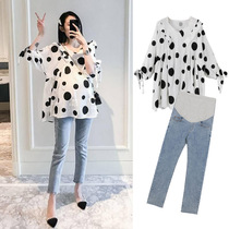 Net red pregnant women spring and summer clothing loose wave point jumpsuit 2021 New out fashion jeans