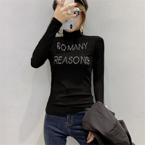 European station womens clothing 2020 autumn and winter new letters hot diamond long-sleeved t-shirt womens foreign style high-neck base shirt European goods tide
