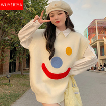 Sweater vest vest girl spring and autumn 2022 new junior high school Senior high school students cute smiling face horse clip sweater