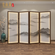 New Chinese style solid wood folding screen landscape partition living room hotel tea room shielding moving light-emitting folding screen with lamp
