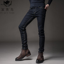 Fugui Bird Spring and Autumn New slim body plus velvet jeans mens trend youth elastic black casual Joker little pants