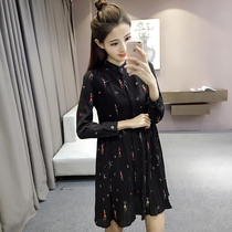 2021 autumn new Korean version of the waist thin wave point stand-up collar Chiffon dress medium long long-sleeved slim skirt