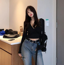 Hypnotic Korea 20 spring new all-match sexy slim-fitting umbilical deep V-neck long-sleeved T-shirt