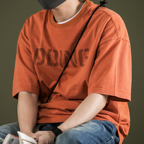 Short Sleeve Male Tide Card T-shirt Yu Wenle Wax Dyeing Heavy Pound water washed for old pure cotton Stamp Relaxed Country Tide Lovers Compassionate