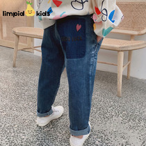 Loose elasticity ~ girls high-waisted red heart big pocket denim pants Zhongda children spring and autumn trousers slacks