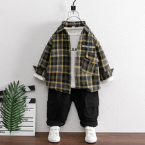 Boys autumn-style plaid shirt 2021 new Korean version Childrens spring and autumn fashion cardio-hoodie and casual shirts trendy