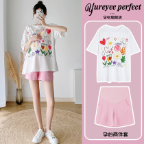 Pregnant Woman Summer Clothing Suit Fashion Style Fun Graffiti Short Sleeve Blouse T-Shirt Casual Shorts Two Sets Summer Thin