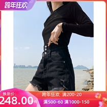 Black high waist denim shorts Women summer thin loose 2021 new hole burrs hot pants