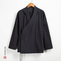 Retro Chinese mens hooded Tang suit Hanfu mens spring and autumn diagonal Jacket linen jacket Zen Lay jacket Zen