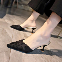 2021 spring Baotou Half slippers female external wearing suede 100 lap fitting shoes black custard fine heel slacker high heel cool drag